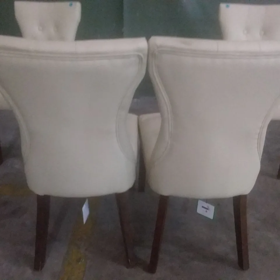 SET OF 4 BEWLEY IVORY LEATHER BUTTON BACK DINING CHAIRS (DARK OAK LEG)