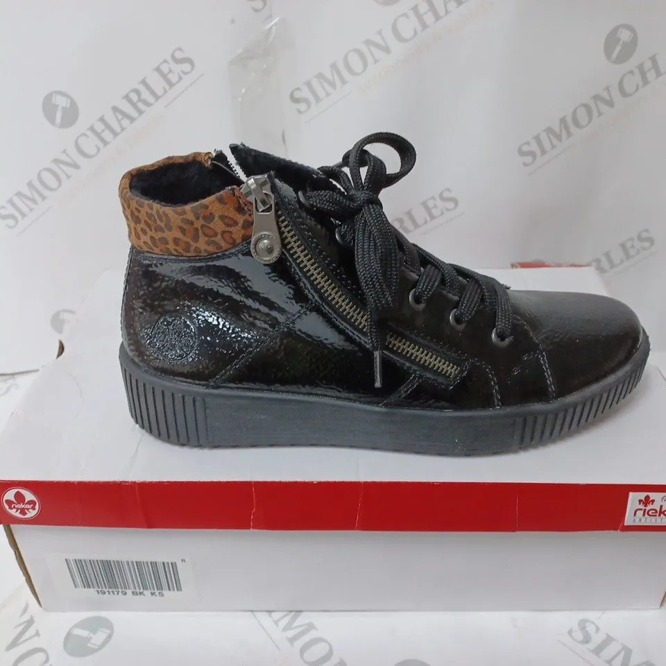 BOXED PAIR OF RIEKER BROWN HIGH TOP LEOPARD CUFF TRAINERS BLACK - SIZE 5 