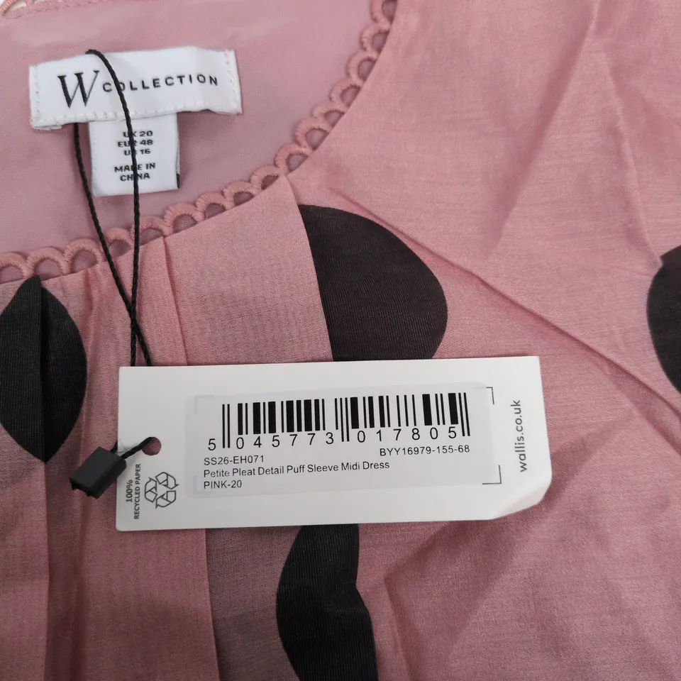 W COLLECTION PETITE PLEAT DETAIL PUFF SLEEVE MIDI DRESS – PINK, UK 20