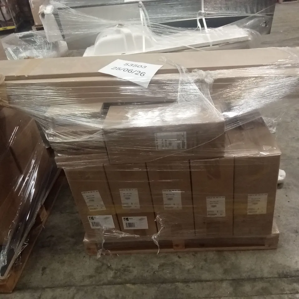PALLET OF ASSORTED BATHROOM ITEMS TO INCLUDE; 5 x CALYPSO ALTO CAST BASINS AND A MIXED ASSORTMENT OF BATHROOM VANITY FURNITURE PARTS AND PIECES