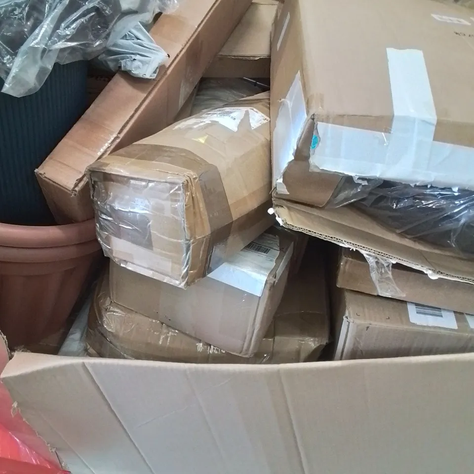 PALLET OF ASSORTED HOUSEHOLD GOODS AND PRODUCTS TO INCLUDE; ELECTRIC WATER HEATER, BOXED FURNITURE ETC