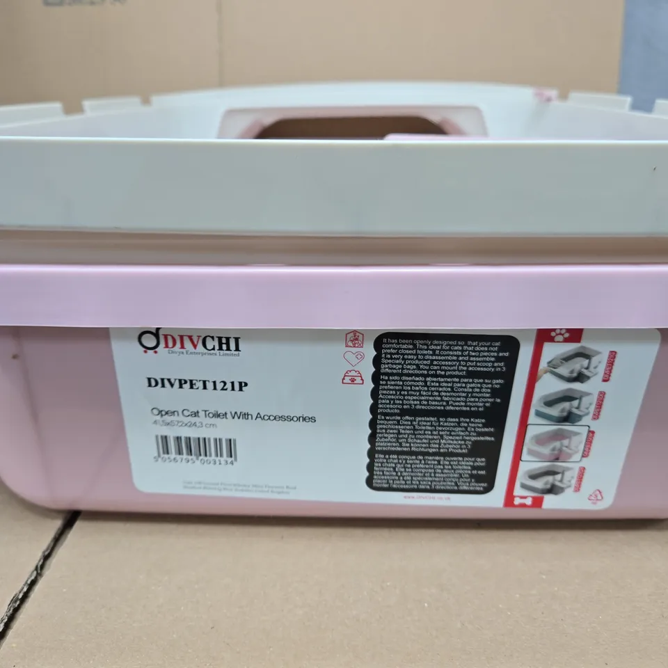 DIVPET121P OPEN CAT TOILET WITH ACCESSORIES – PINK PLASTIC LITTER TRAY