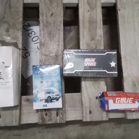 PALLET OF ASSORTED LIQUID BASE ITEMS TO INCLUDE:LEATHER SPRAY CLEANER,GLUE,GEL CLEANING KIT,DEICER