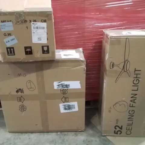 PALLET OF ASSORTED HOUSEHOLD GOODS AND PRODUCTS TO INCLUDE;CENTRIFUGAL MACHINE,52 INCH CEILING FAN LIGHT,CHANDELIER