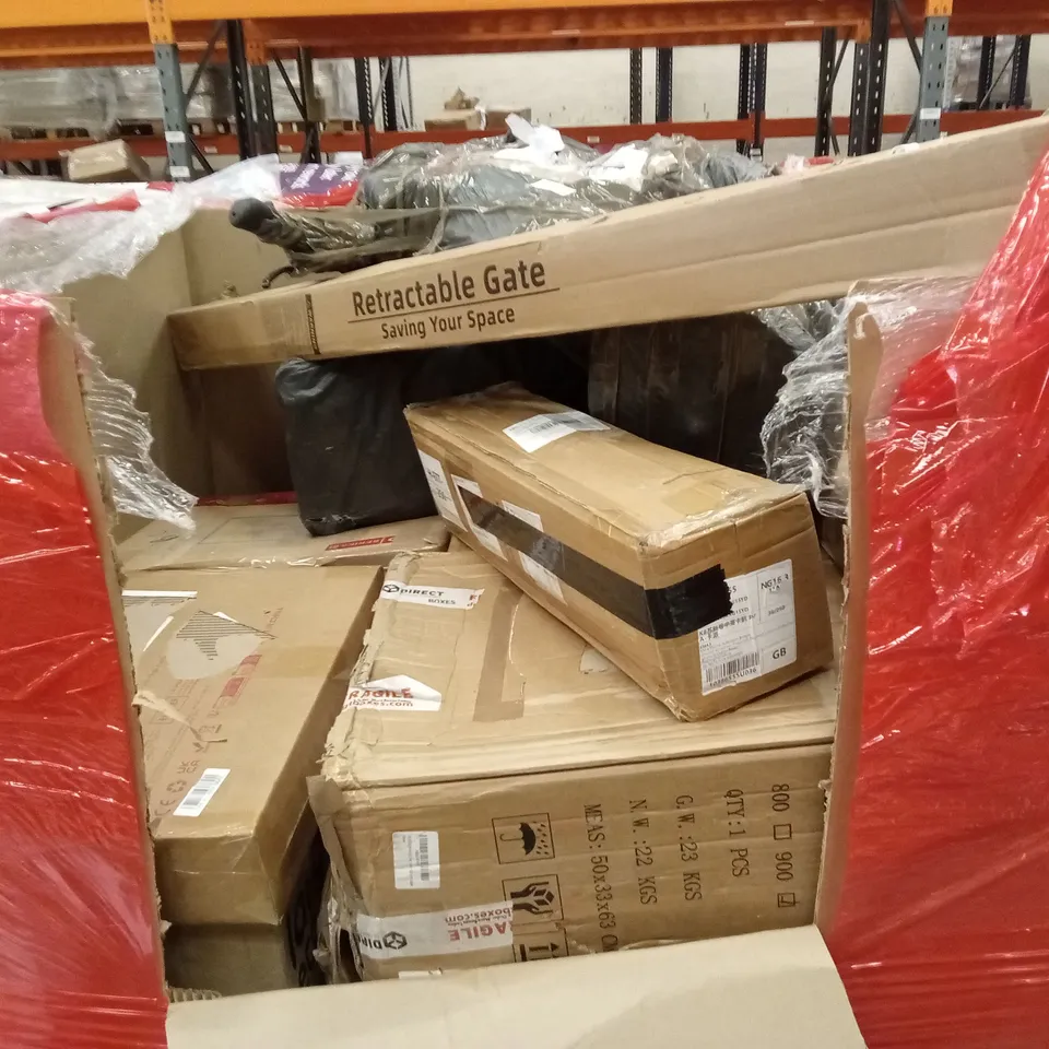 PALLET OF ASSORTED HOUSEHOLD GOODS AND PRODUCTS TO INCLUDE; RETRACTABLE GATE, INSECT KILLER, SPOT CLEANER, AIR FRYER ETC