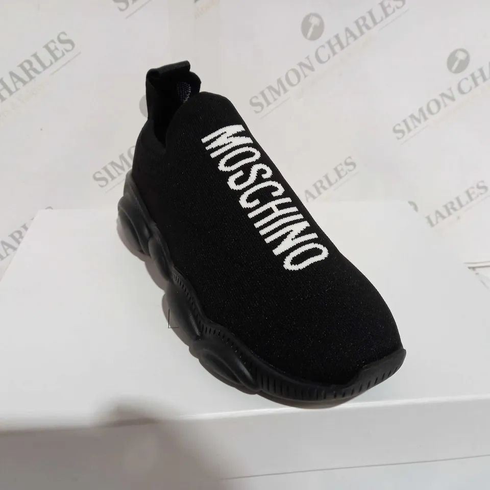 BOXED BLACK & WHITE MOSCHINO SLIP SHOES - UK SIZE 7