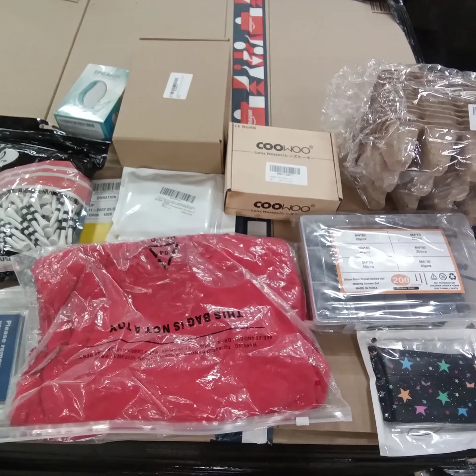 PALLET OF ASSORTED ITEMS INCLUDING FINGER TEN GOLF TEES, SQUARE FIBRE POTS, MASK EXEMPTION CARD LANYARDS, BLACK DRYWALL SCREW SET, COOWOO LENS HEATER, EPILATOR 