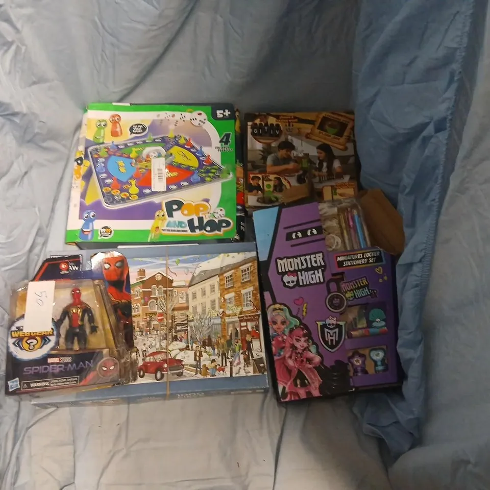 LARGE QUANTITY OF ASSORTED TOYS AND ACCESSORIES TO INCLUDE; LITTLE DUTCH KITE, ACRYLIC BRUSH MARKERS, MONSTER HIGH MINIATURE LOCKER STATIONARY SET, SCOOTER AND POP AND HOP