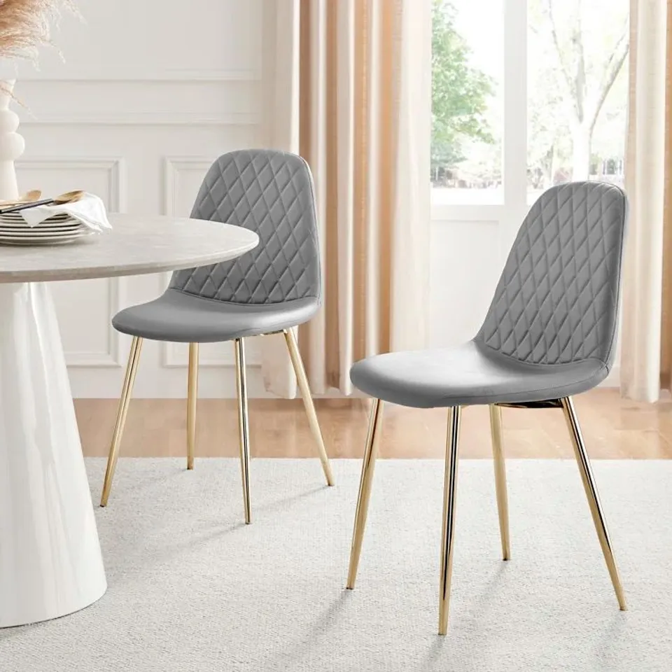 BOXED PAIR OF COROVA FAUX LEATHER MODERN DINING CHAIRS WITH METAL TAPERED LEGS - GREY WITH GOLD COLOURED LEGS (1 BOX)