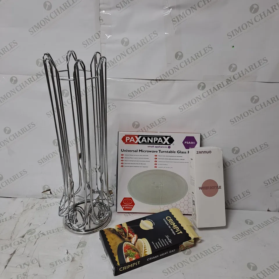 APPROXIMATELY 20 ASSORTED ITEMS TO INCLUDE UNIVERSAL MICROWAVE TURNTABLE GLASS, ZANNUO WATER BOTTLE, COFFEE POD HOLDER, CRIMPIT CRIMPER FOR WRAPS 