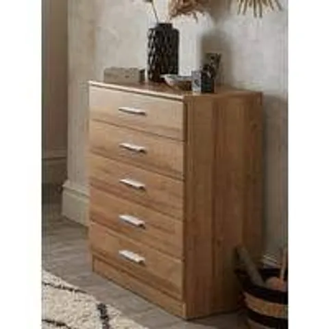 BOXED PANAMA 5 DRAWER CHEST - OAK(1 BOX) - COLLECTION ONLY