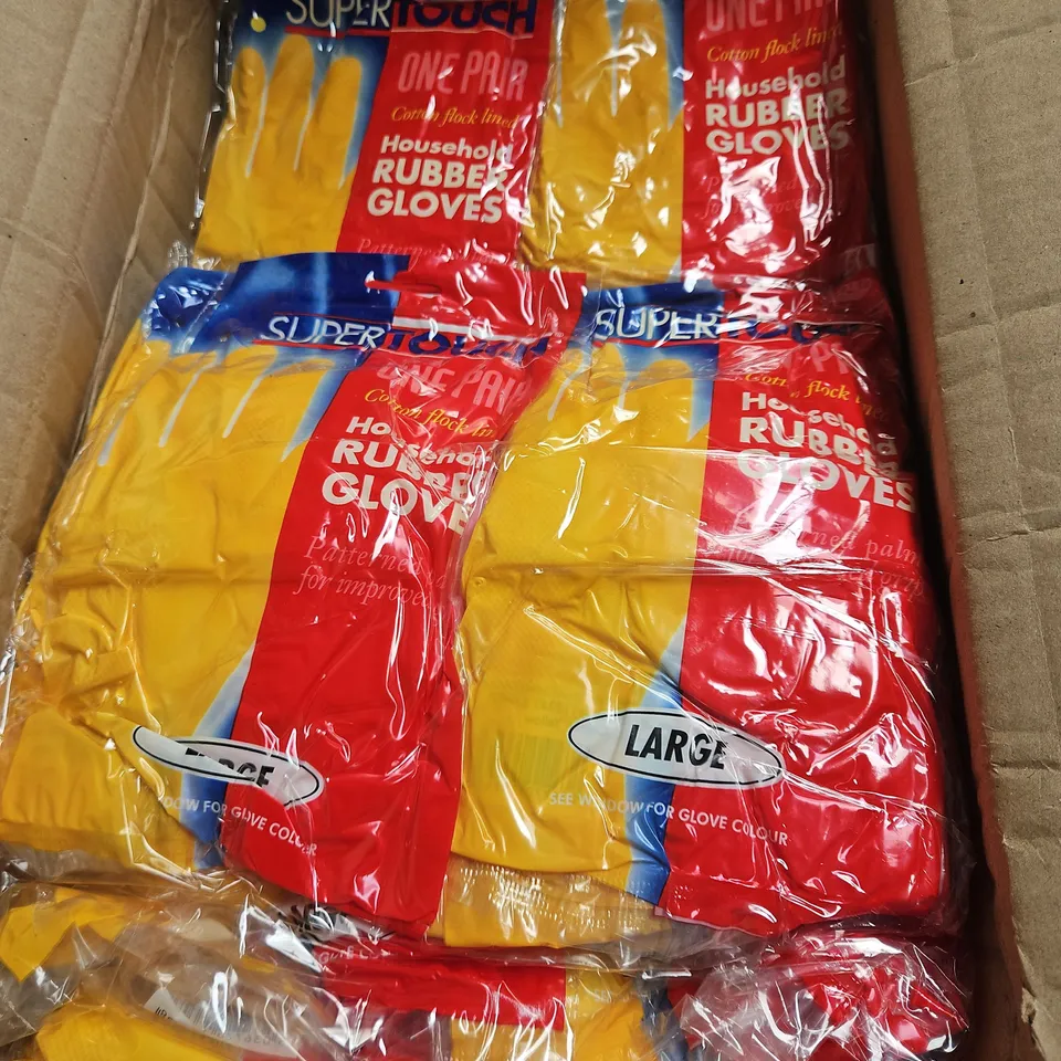 BOX OF APPROXIMATELY 12X12 PAIRS HOUSEHOLD LATEX GLOVES IN YELLOW SIZE L