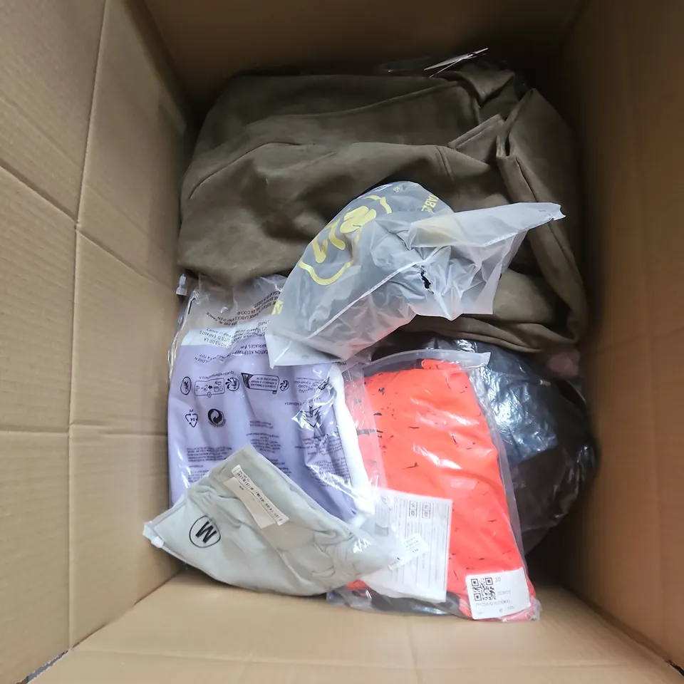 BOX OF APPROXIMATELY 20 ASSORTED CLOTHING ITEMS TO INCLUDE JACKET, TOPS, TROUSERS, ETC