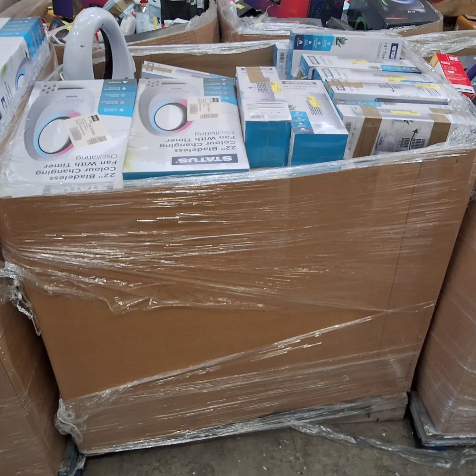 PALLET CONTAINING LARGE QUANTITY OF RETURN STATUS 22" BLADELESS COLOUR CHANGING FANS WITH TIMER & 14" TOWER FANS