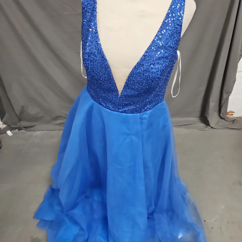 WHITE ROSE SEQUIN PLUNGE PROM DRESS IN ROYAL BLUE SIZE 16