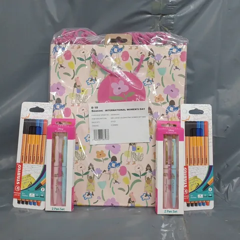 BOX OF APPROXIMATELY 25 ASSORTED HOUSEHOLD ITEMS TO INCLUDE DISNEY PET SET, STABILO PEN SET, GIFT BAGS, ETC - COLLECTION ONLY
