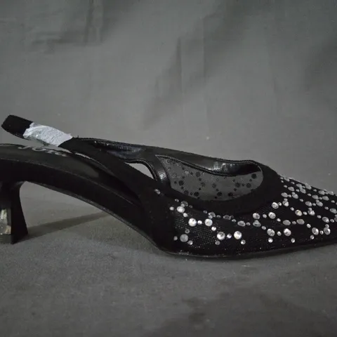 BOXED PAIR OF JOIA POINTED TOE LOW HEEL SHOES IN BLACK W. JEWEL EFFECT EU SIZE 37