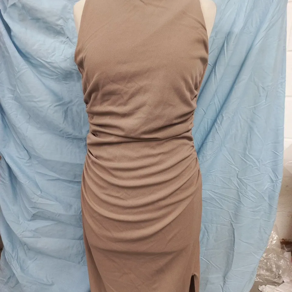 PINK BOUTIQUE SLAY ERA MOCHA SIDE SPLIT SLASH NECK DRESS SIZE 10