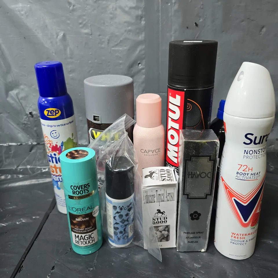 APPROXIMATELY 10 ASSORTED AEROSOLS TO INCLUDE SURE SPRAY , LOREAL , TATTOO SPRAY , ETC  