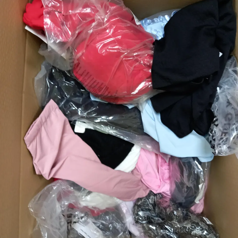 BOX OF APPROXIMATELY 25 ASSORTED CLOTHING PRODUCTS IN VARIOUS SIZES TO INCLUDE JUMPERS, SOCKS, DRESSES ETC 
