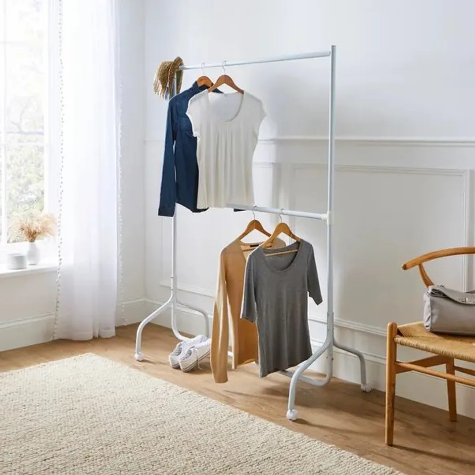 BOXED 2 TIER CLOTHES RAIL ON WHEELS