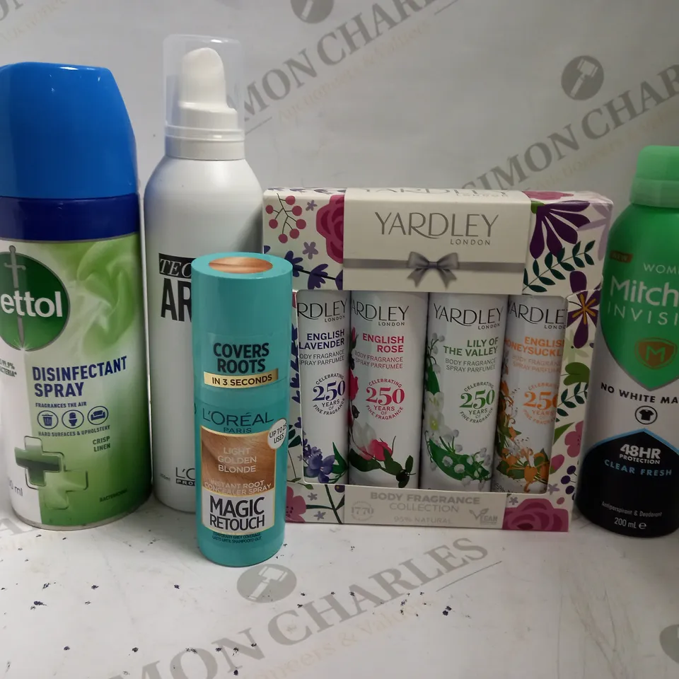 BOX OF APPROX 15 ASSORTED AEROSOLS INCLUDING YARDLEY BODY FRAGRANCES, MITCHUM CLEAR FRESH AND LOREAL COVER ROOTS - COLLECTION ONLY