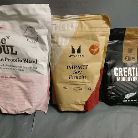 LOT OF 3 ASSORTED FITNESS ITEMS TO INCLUDE IMPACY SOY PROTEIN, CREATINE MONOHYDRATE AND VEGAN PROTEIN BLEND