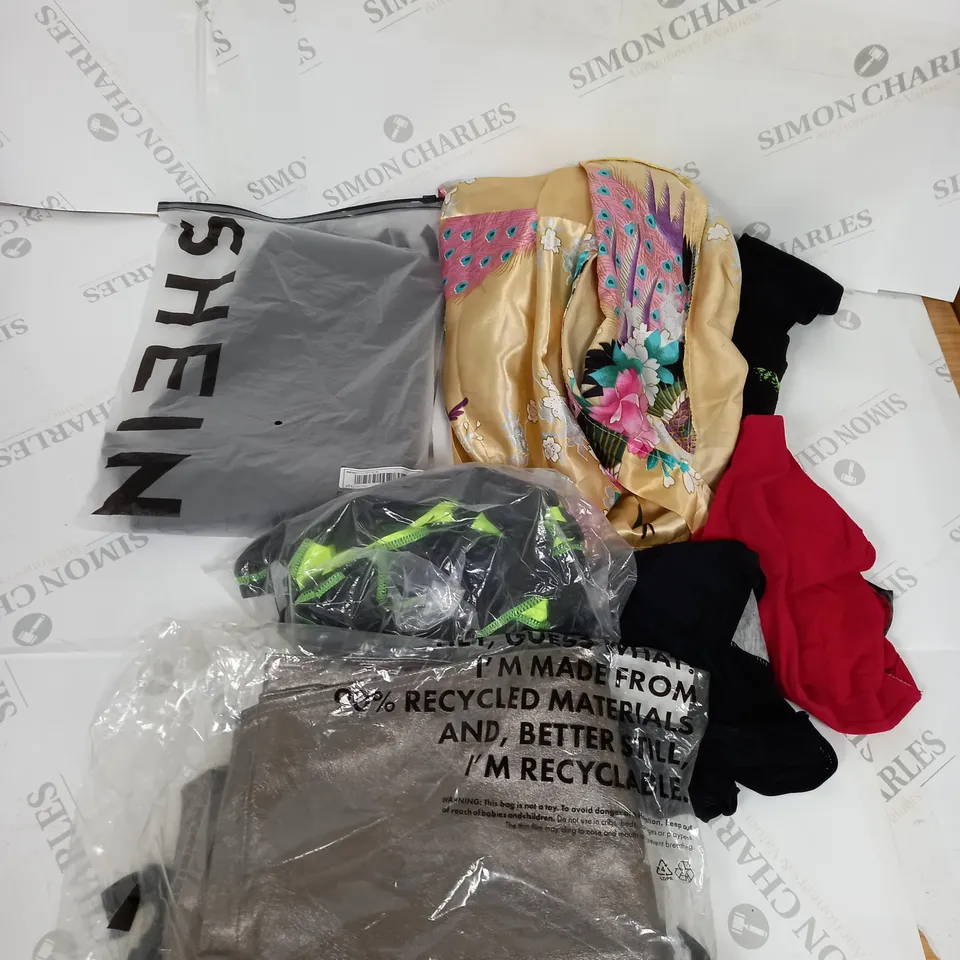 LARGE BOX OF ASSORTED CLOTHING ITEMS IN VARIOUS COLOURS AND SIZES