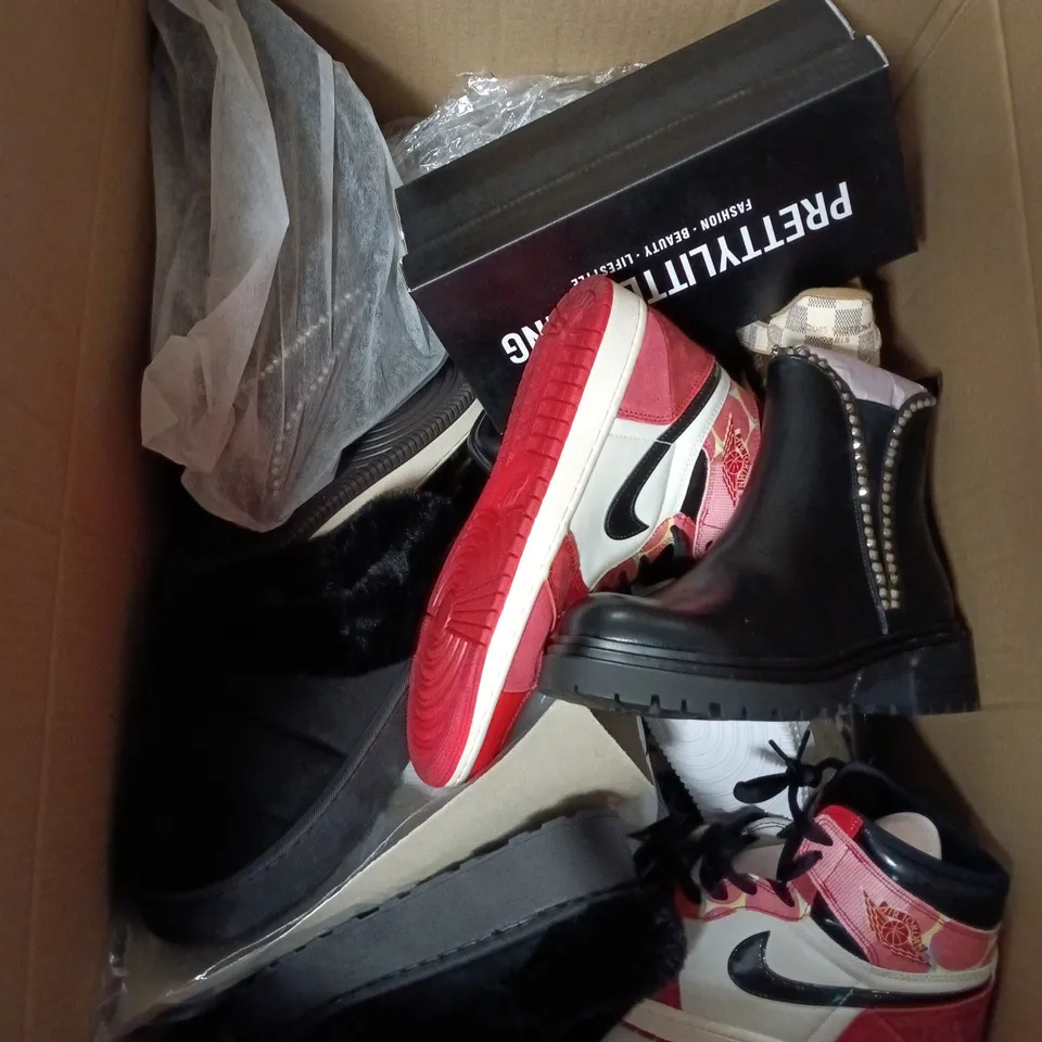 BOX OF APPROXIMATELY 12 PAIRS OF ASSORTED SHOES IN VARIOUS COLOUR, STYLES AND SIZES