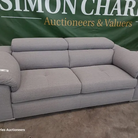 DESIGNER ITALIAN STYLE THREE SEATER SOFA WITH ADJUSTABLE HEADRESTS GREY FABRIC