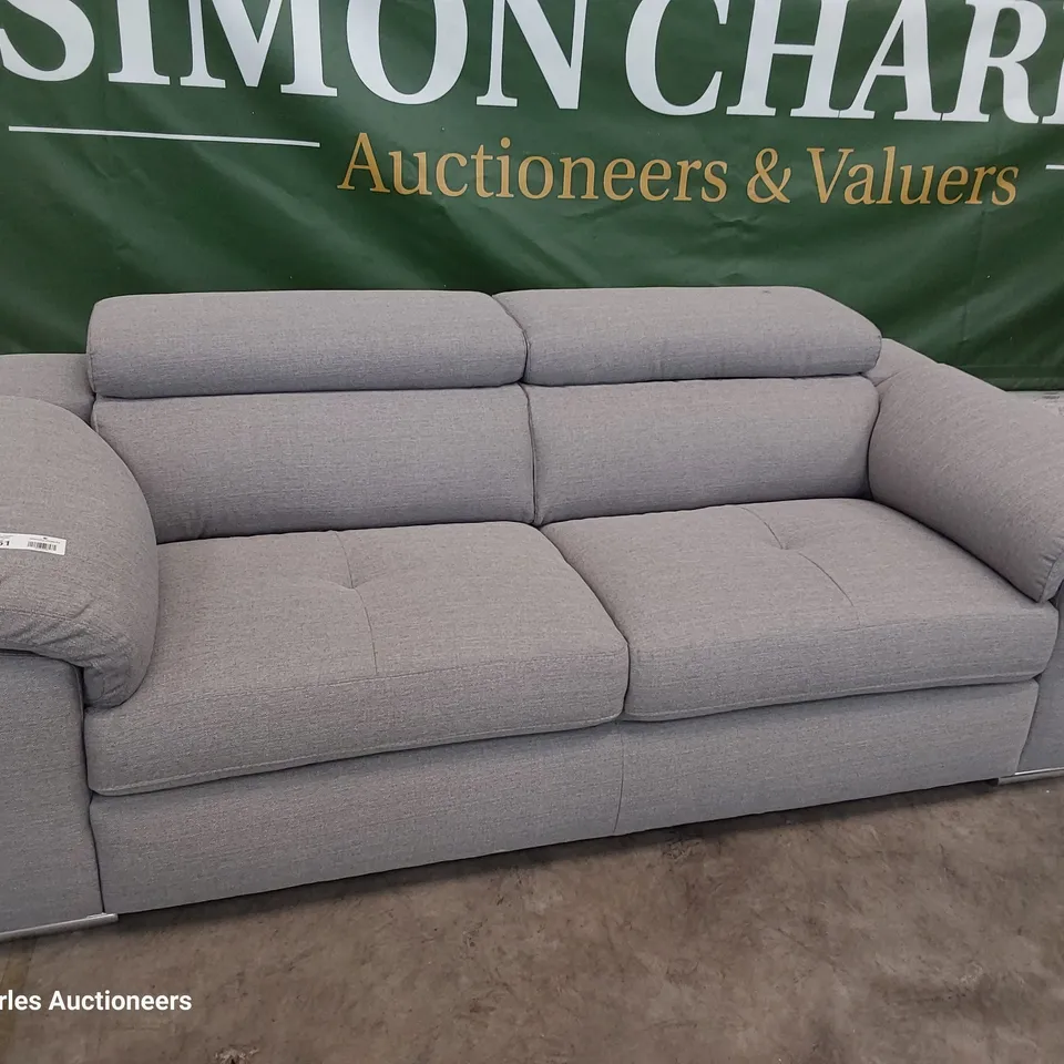 DESIGNER ITALIAN STYLE THREE SEATER SOFA WITH ADJUSTABLE HEADRESTS GREY FABRIC 
