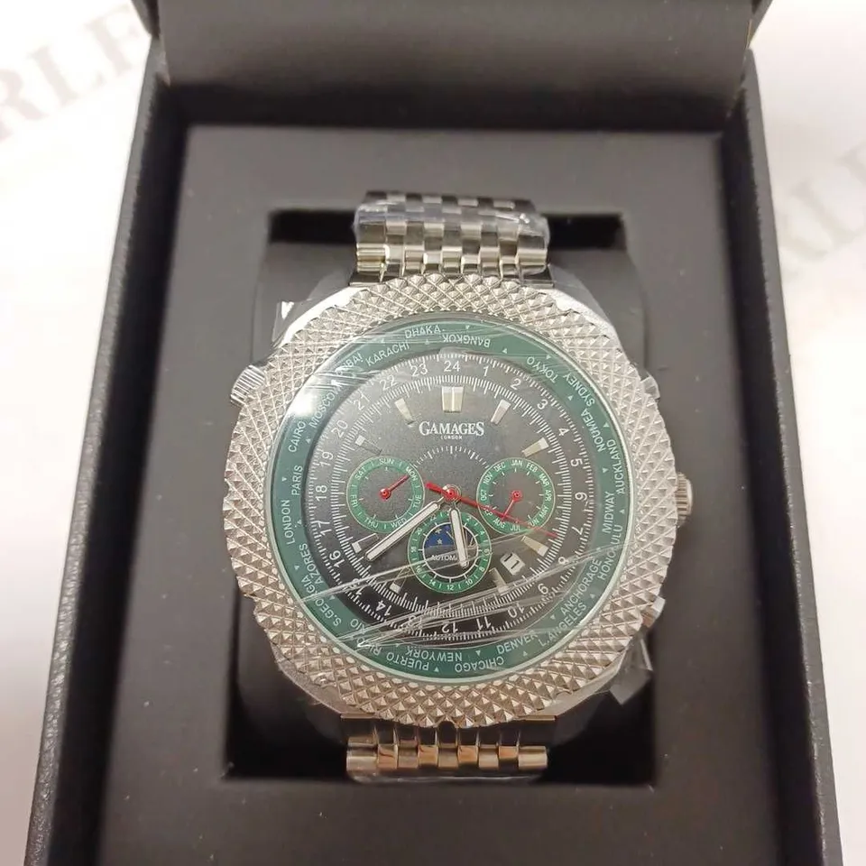 GAMAGES WORLD TIMER VENTURE STEEL TRIPLE DATE DIAL AUTOMATIC MESH BRACELET STRAP WRISTWATCH	