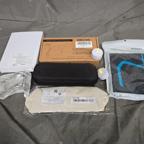 APPROXIMATELY 10 ASSORTED HOUSEHOLD ITEMS TO INCLUDE LED TEALIGHTS, WIRELESS MOTION SENSOR LED LIGHT, KNEE SUPPORTS, ETC