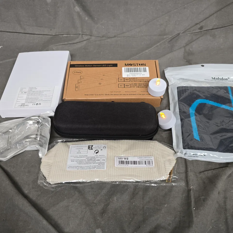 APPROXIMATELY 10 ASSORTED HOUSEHOLD ITEMS TO INCLUDE LED TEALIGHTS, WIRELESS MOTION SENSOR LED LIGHT, KNEE SUPPORTS, ETC