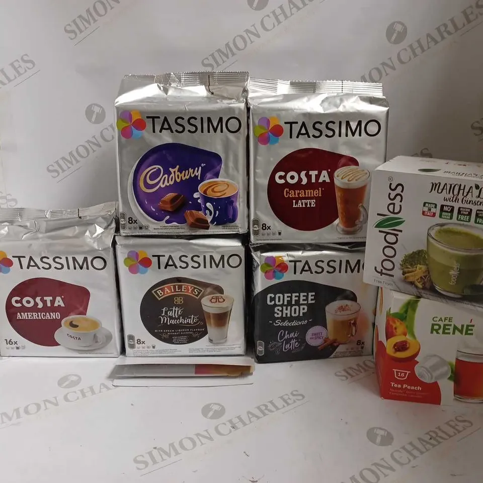 LOT OF 8 ITEMS TO INCLUDE TASSIMO COSTA CARAMEL LATTE (8 PODS), YOUNLIQUE LIQUID COLLAGEN SHOT, FOODNESS MATCHA LATTE WITH GINSENG (10 PODS), ETC