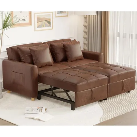 BOXED 2 SEATER FAUX LEATHER SOFA BED - SADDLE BROWN (3 BOXES)