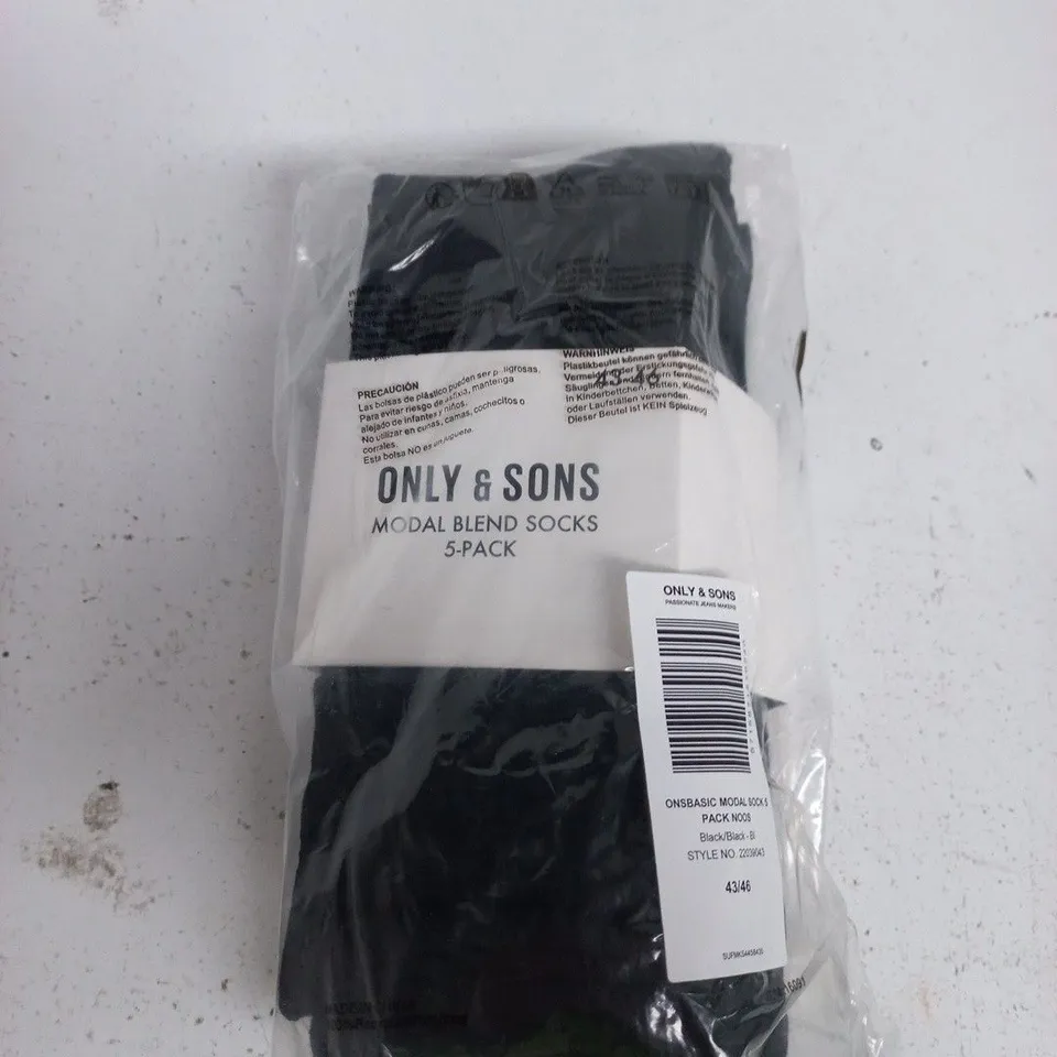 ONLY & SONS MODAL BLEND SOCKS 5-PACK – BLACK/BLACK, UK 9-11