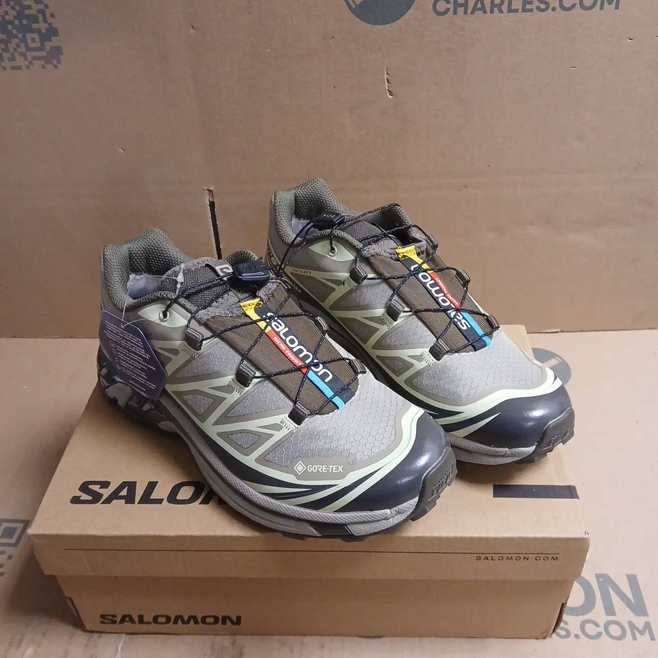 SALOMON GORE-TEX TRAIL SHOES – GREY/GREEN, BOXED UK 6