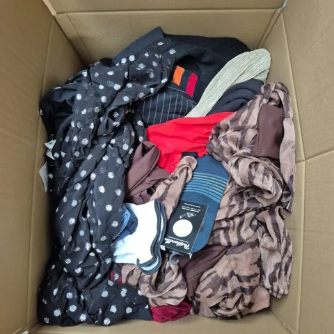 LARGE BOX OF ASSORTED CLOTHING ITEMS IN VARIOUS SIZES, STYLES AND COLOUR 