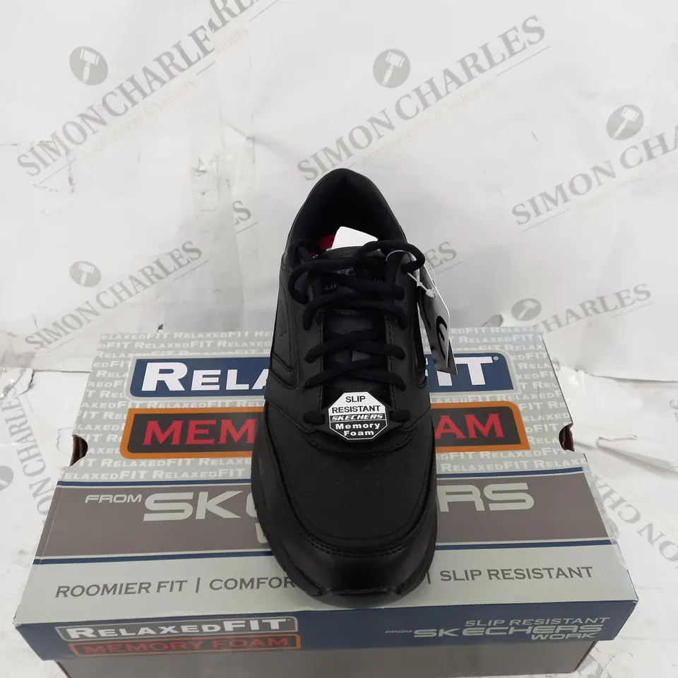 BOXED PAIR OF SKETCHERS SLIP RESISTANT BLACK WORK TRAINERS SIZE 8