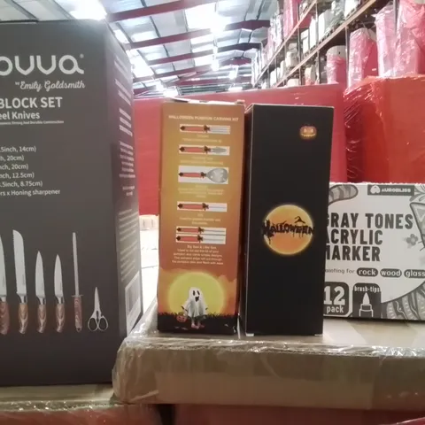 PALLET OF ASSORTED HOUSEHOLD GOODS AND PRODUCTS TO INCLUDE;7 PEICE BLOCK SET,PUMPKIN CARVIN SET,GRAY TONES ACRYLICS MARKERS