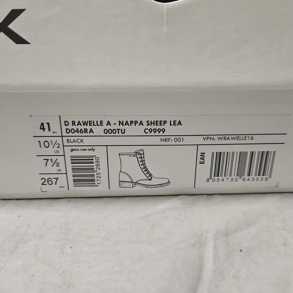 BOXED GEOX D RAWELLE A - NAPPA SHEEP LEA BLACK LEATHER LACE-UP BOOT – UK 7.5 (EU 41)