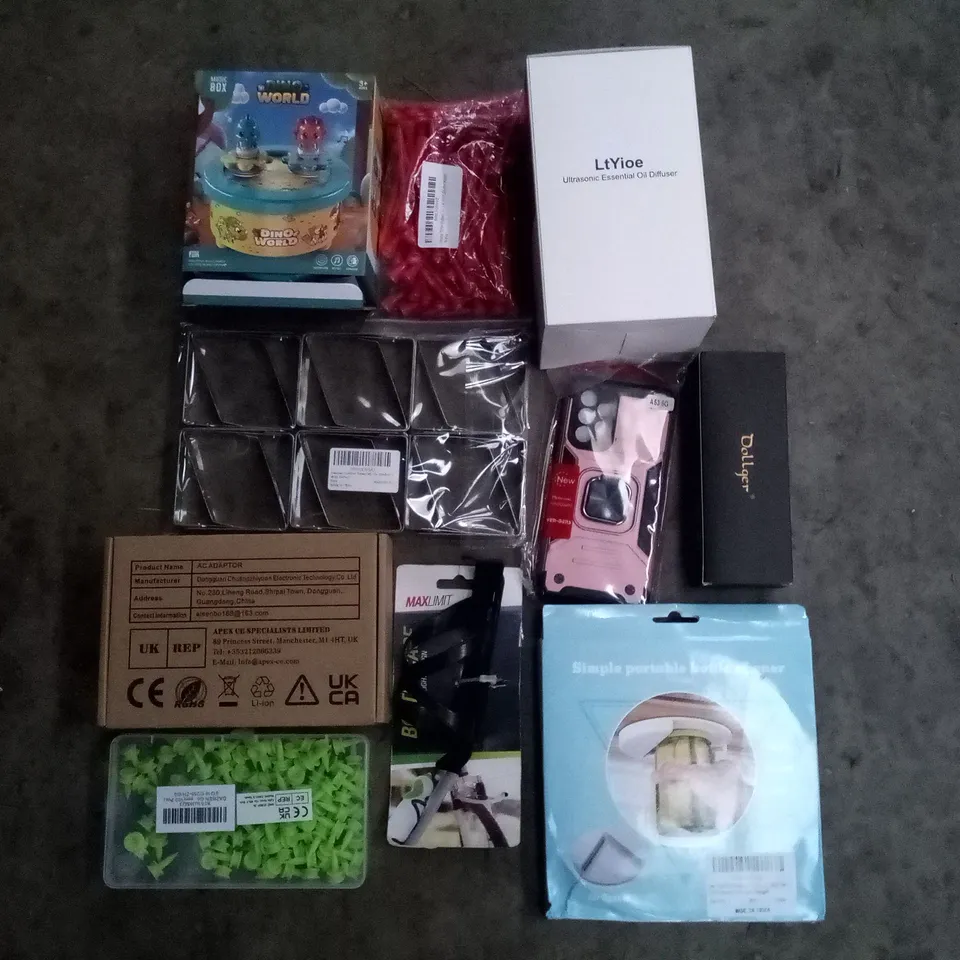 PALLET OF 6 BOXES CONTAINING ASSORTED ITEMS INCLUDING AC ADAPTER, SUNGLASSES, GOLF TEES, ULTRASONIC ESSENTIAL OIL DIFFUSER, PORTABLE BOTTLE OPENER, PHONE CASE