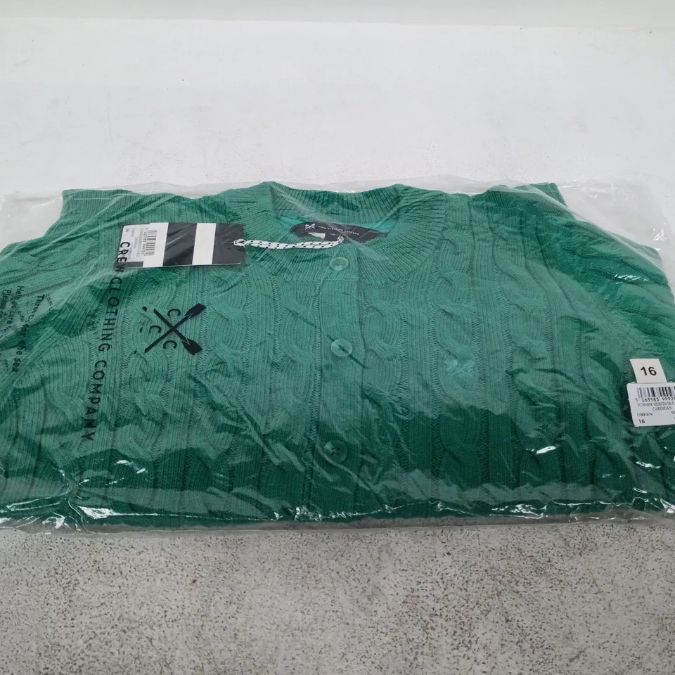 BAGGED CREW CLOTHING COMPANY SUMMER HERITAGE CABLE KNIT CARDIGAN – WOMEN'S, GREEN, UK SIZE 16