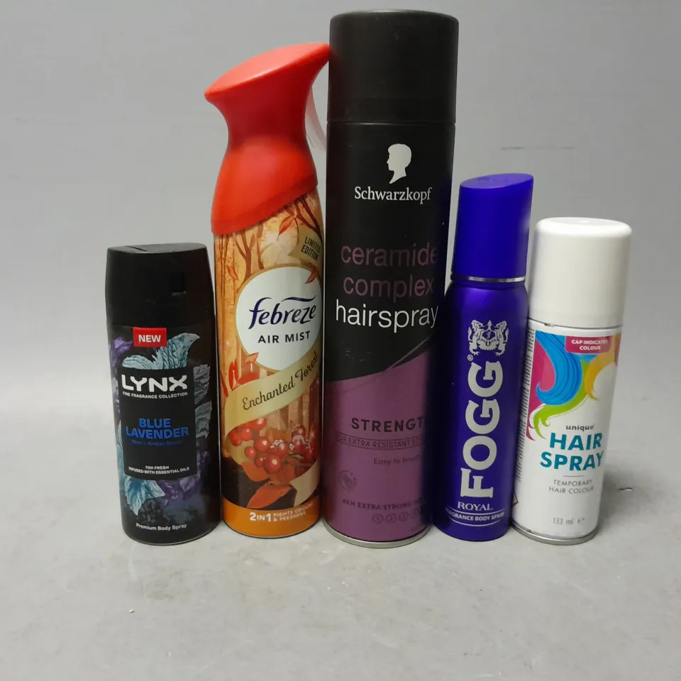 APPROXIMATELY 10 ASSORTED AEROSOLS TO INCLUDE - HAIR SPRAY COLOUR , FOGG BODY SPRAY ETC