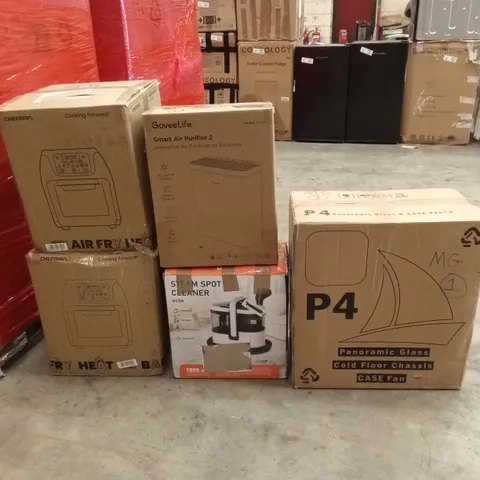PALLET OF ASSORTED HOUSEHOLD GOODS AND PRODUCTS TO INCLUDE; AIR FRYERS, STEAM SPOT CLEANER, PANORAMIC GLASS COMPUTER CASE ETC