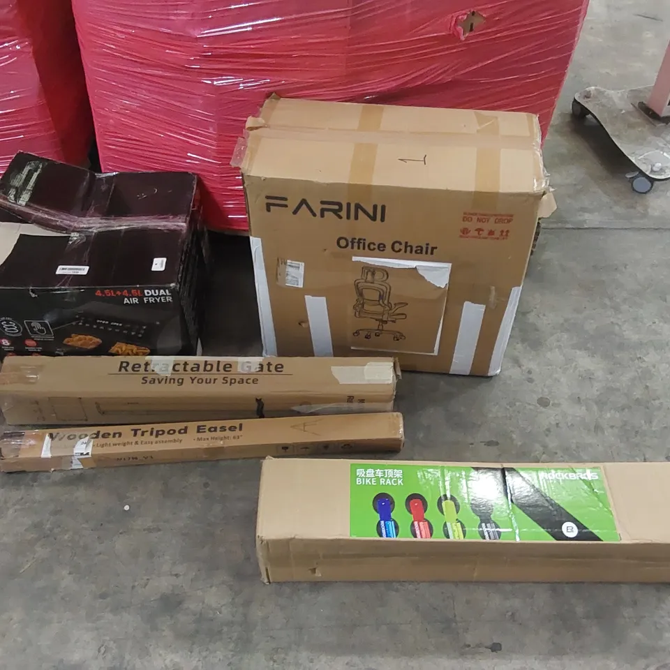PALLET OF ASSORTED CONSUMER PRODUCTS TO INCLUDE: BIKE RACK, AIR FRYER, OFFICE CHAIR, RETRACTABLE GATE, WOODEN TRIPOD EASEL ECT