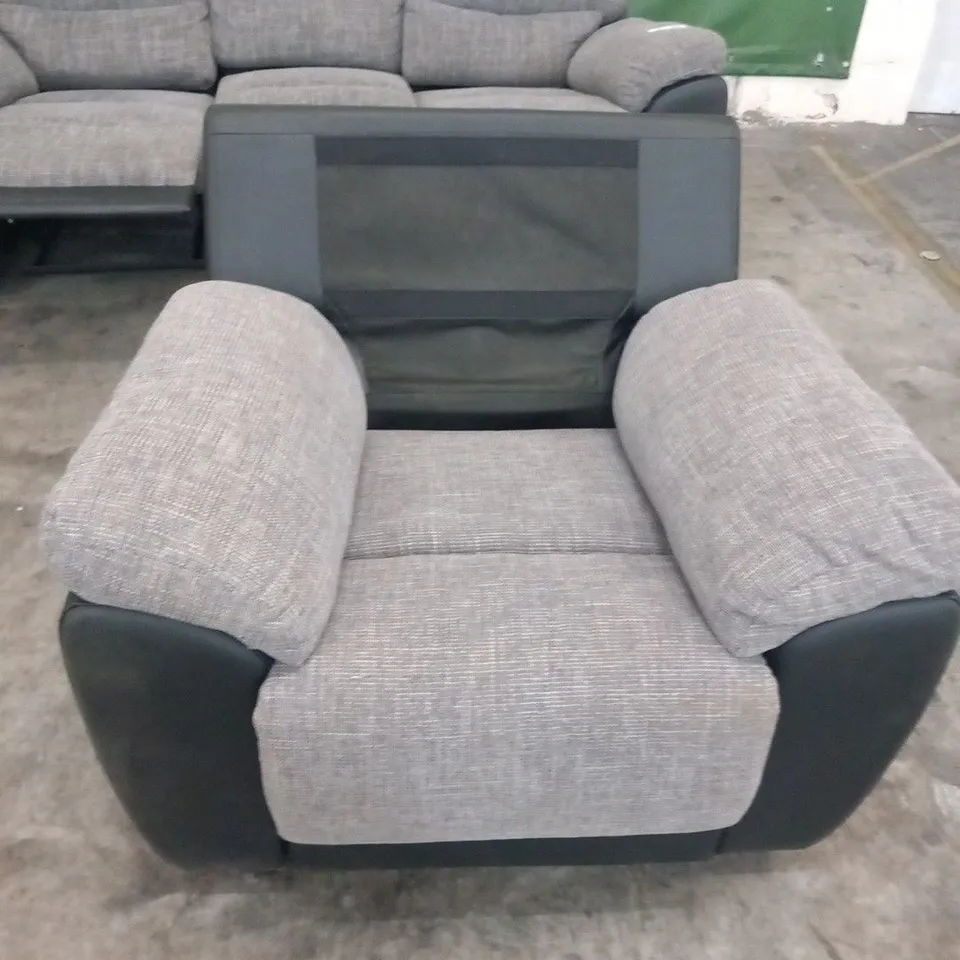 DESIGNER GREY FABRIC AND BLACK FAUX LEATHER RECLINING THREE SEATER SOFA AND EASY CHAIR