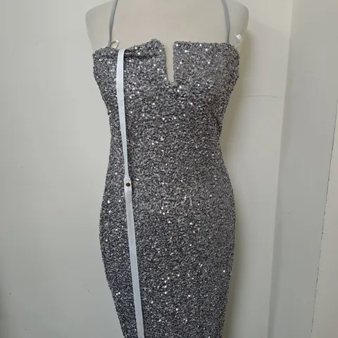 CLUB L GREY SEQUIN STRAPPY BODYON MAXI DRESS SIZE 10