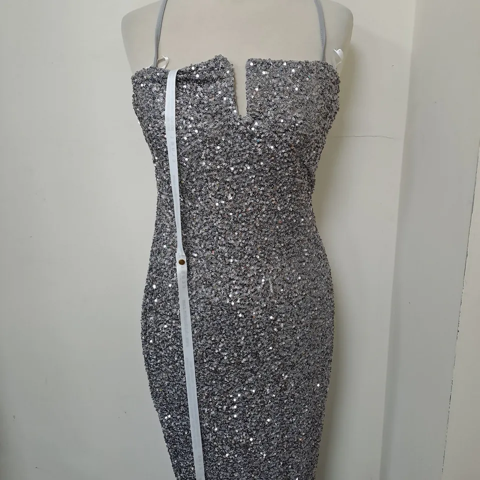 CLUB L GREY SEQUIN STRAPPY BODYON MAXI DRESS SIZE 10